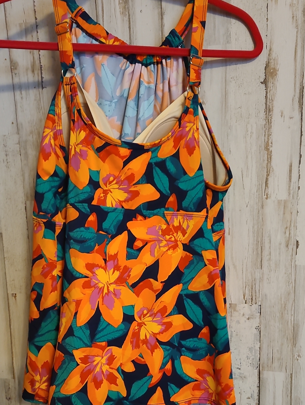 d & Co Women’s Floral High-Neck Swim Tankini Top - Orange/Teal - Picture 5 of 5